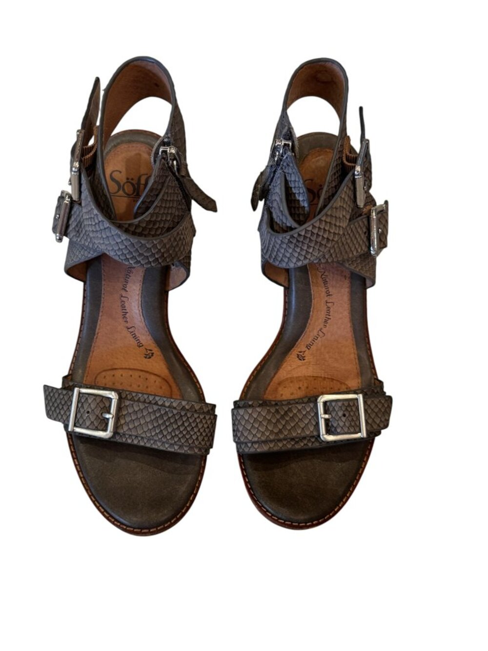 Söfft Gray Croc Embossed Leather Buckle Strap Block Heel Sandals Size 8 - Picture 8 of 12